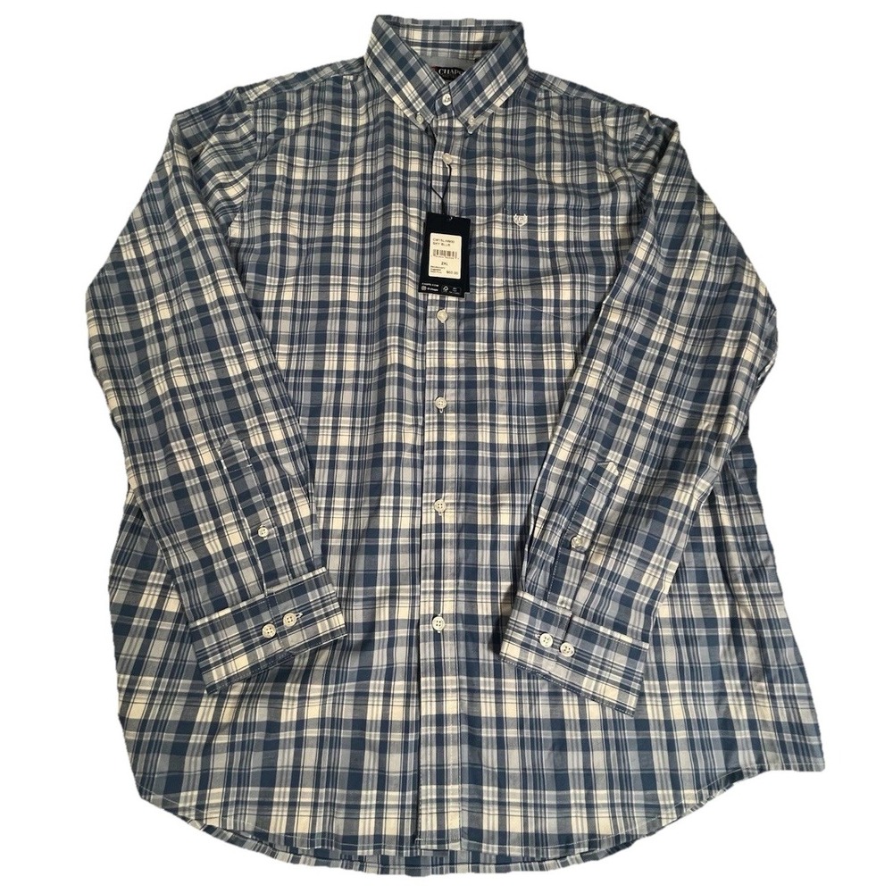 CHAPS‎ Men's Stretch Plaid Button Down Shirt Sky Blue Long Sleeve Sz 2XL